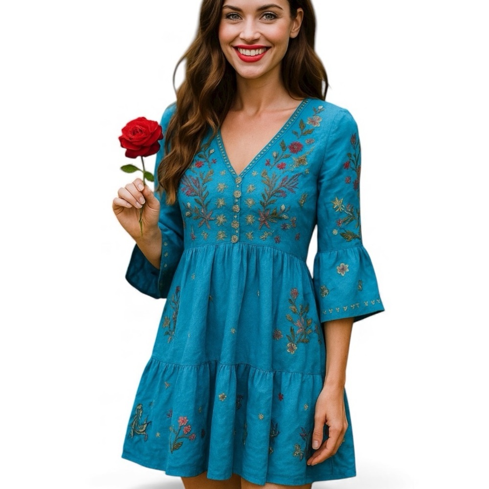 Johnny Was Zoe heavily embroidered, Easy Tiered Dress NWT